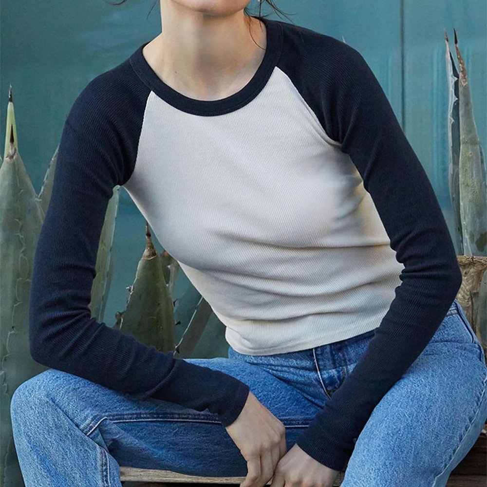 Brandy Melville/ John Galt White & Black Bella Long Sleeve Colorblock Top SZ S